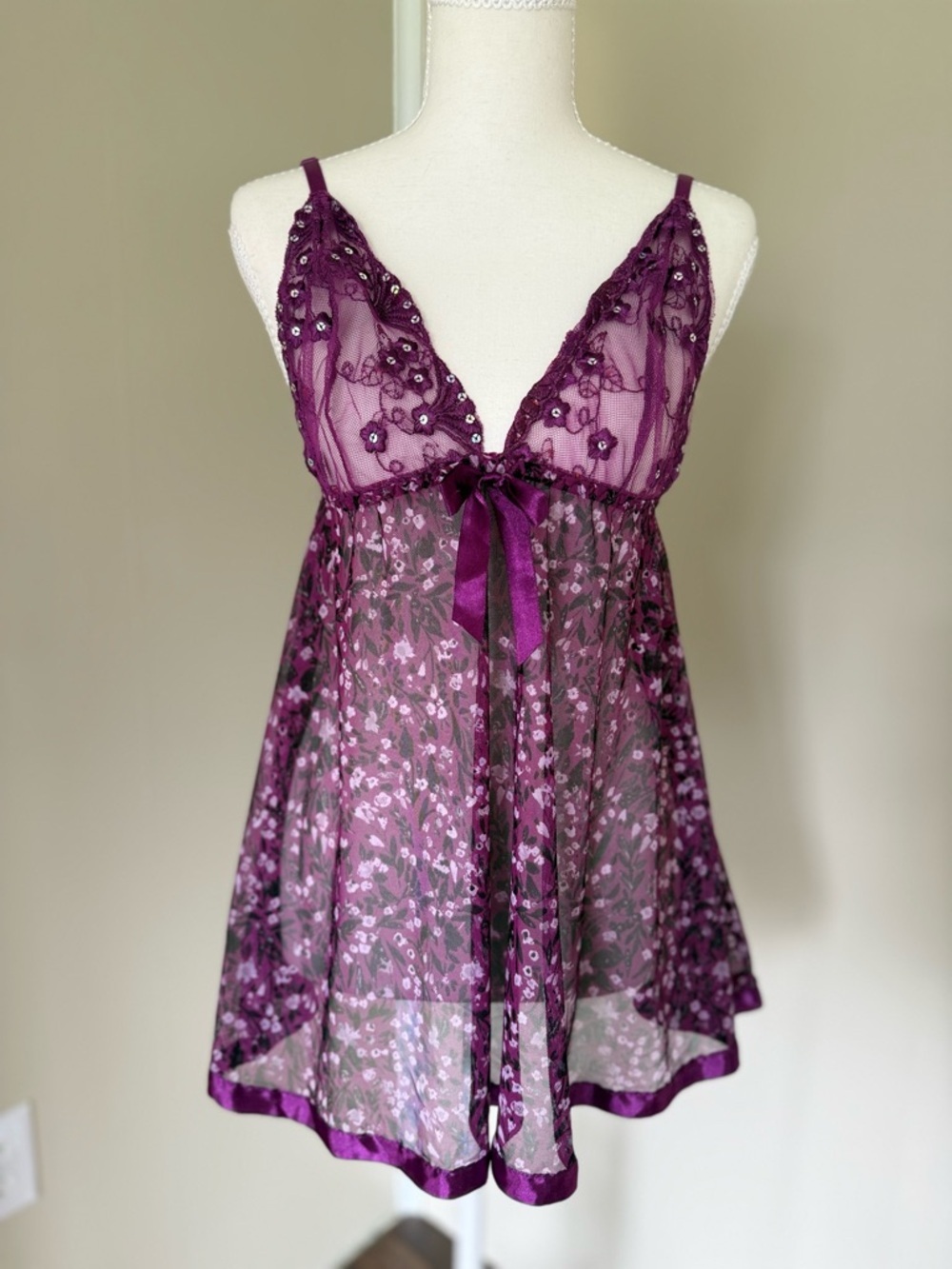 Vintage Y2K purple babydoll top camisole Sheer Lace Floral bow sequins ribbon M - Picture 2 of 6
